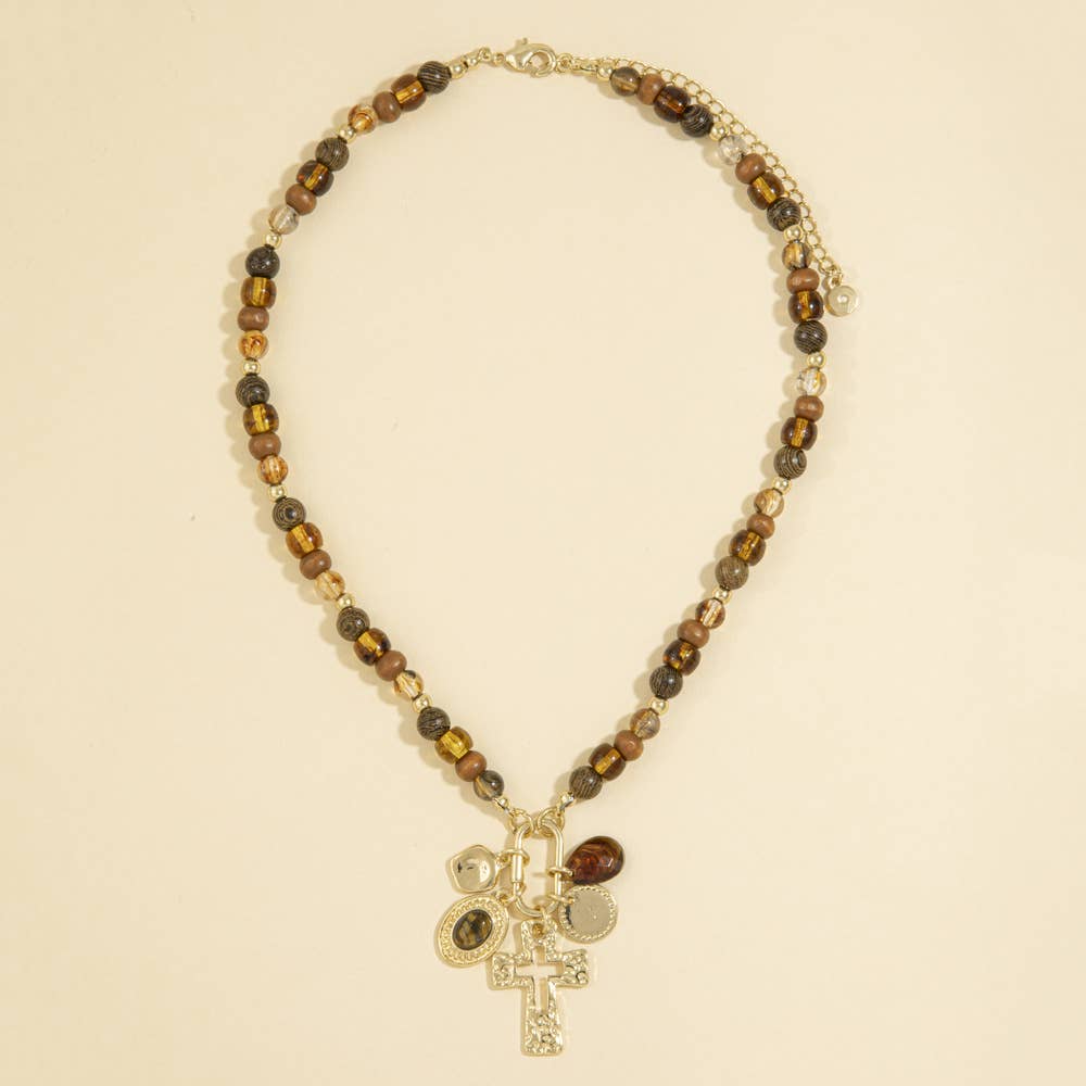 Wood Bead Cross Charm Necklace