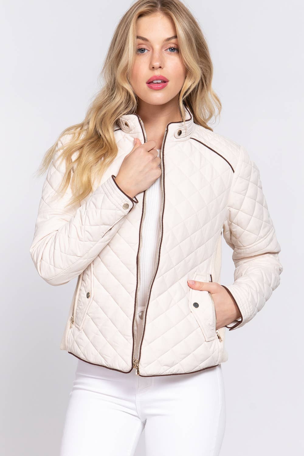 Suede Piping Detail Rib Quilted Jacket : Ivory