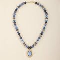 Beaded Necklace With Framed Oval Cabochon- Blue