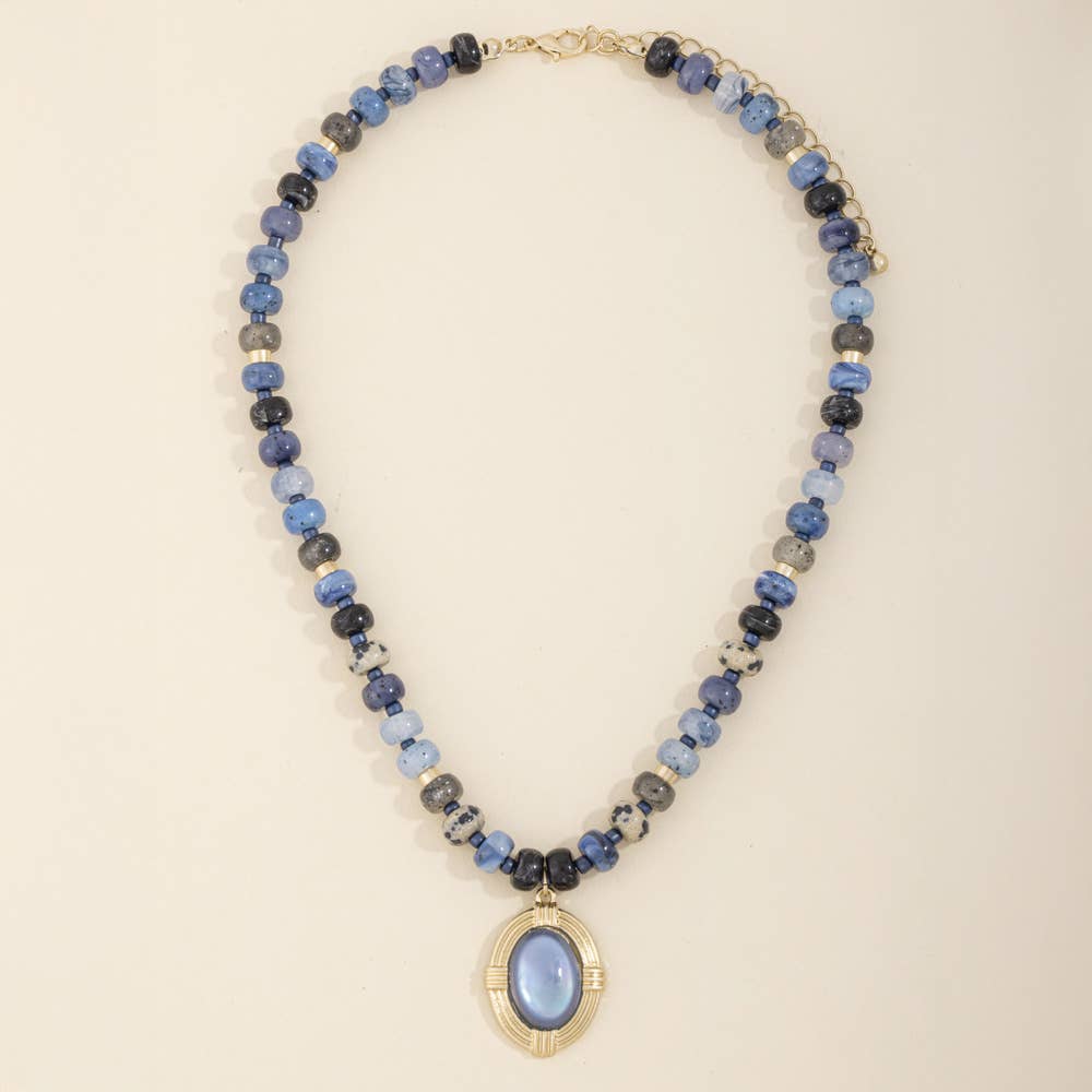 Beaded Necklace With Framed Oval Cabochon- Blue