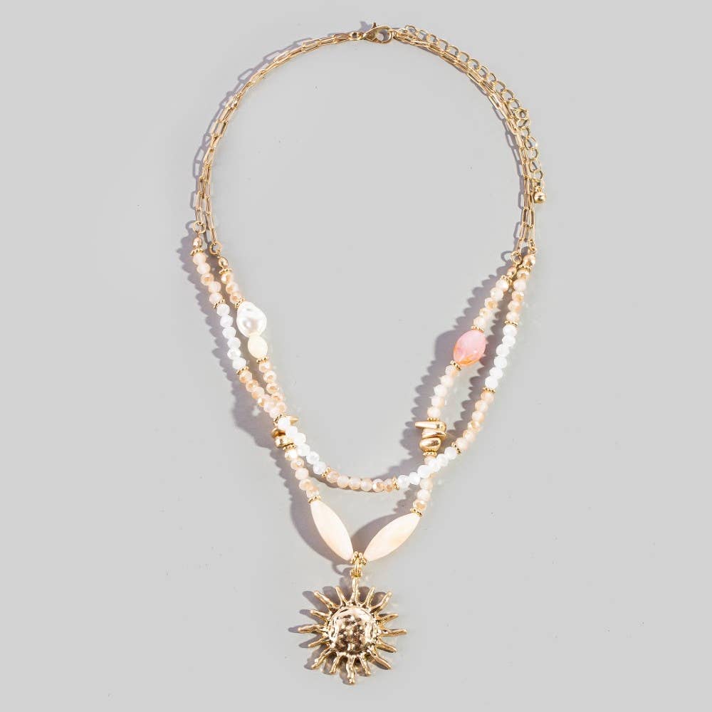 Layered Crystal & Pearl Beaded Sunburst Pendant Necklace