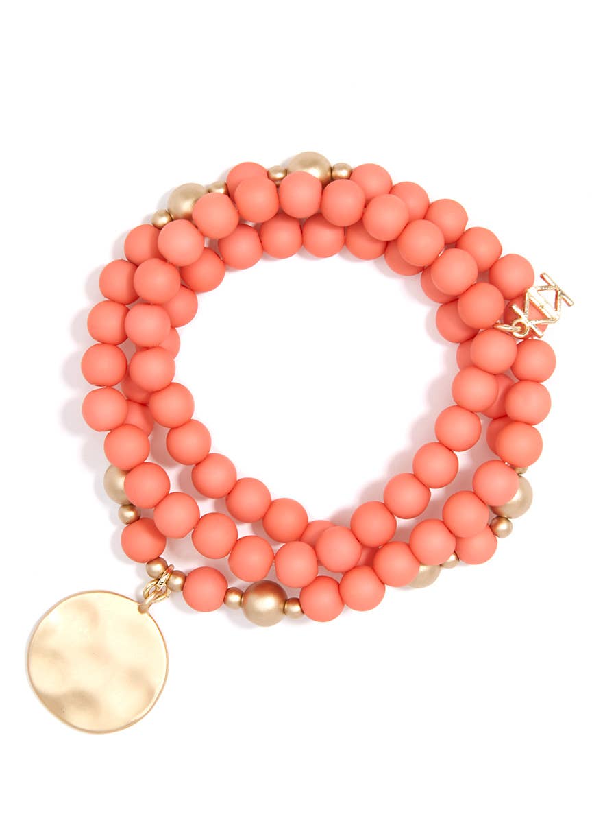 Matte Beaded Wrap Charm Bracelet: Coral