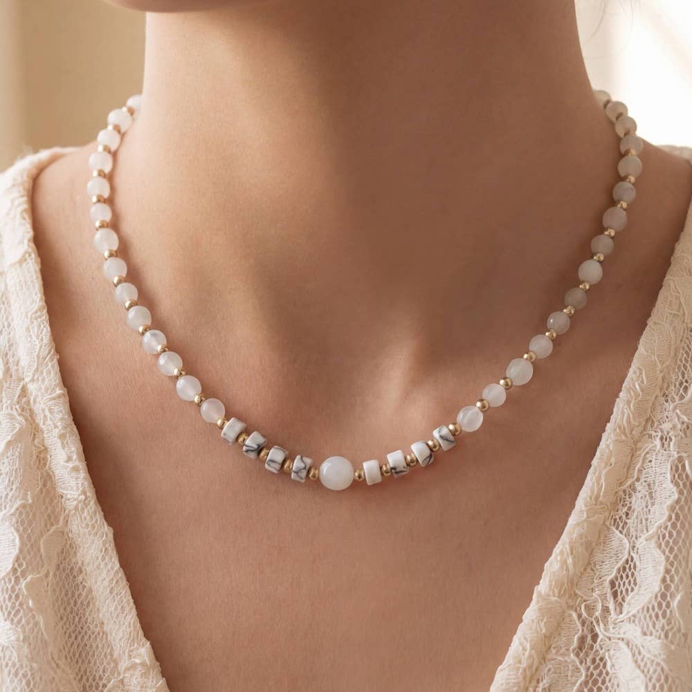 Semi Precious Stone And Metallic Beaded Necklace: GDHOW