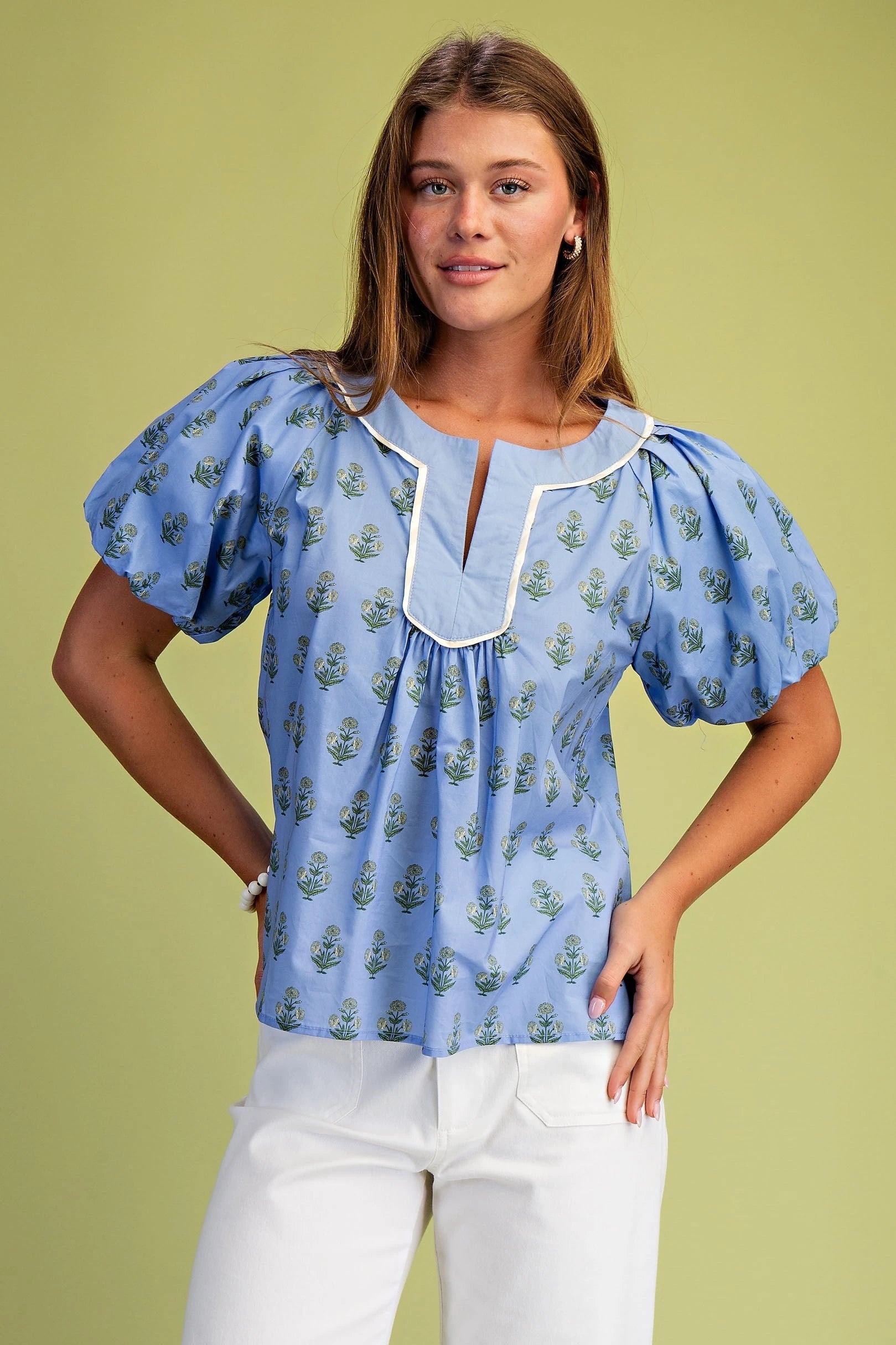 Floral Printed Notch Neck Pleated Blouse