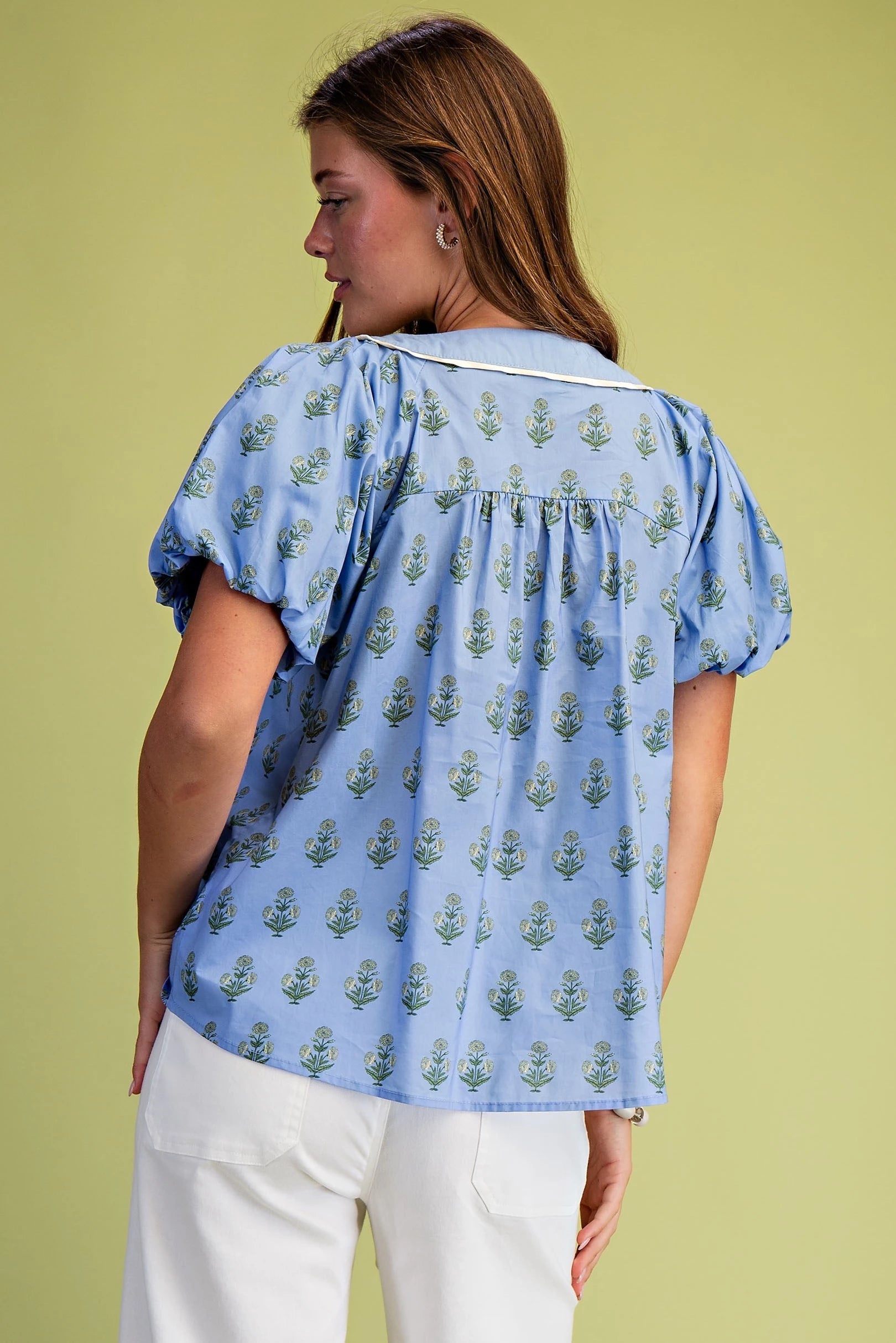 Floral Printed Notch Neck Pleated Blouse
