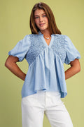 Popcorn Smocked V-Neck Blouse with Short Puff Sleeves