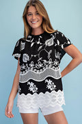 Crochet and Embroidered Short Sleeve Top - Black