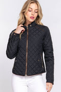Suede Piping Detail Rib Quilted Jacket - black