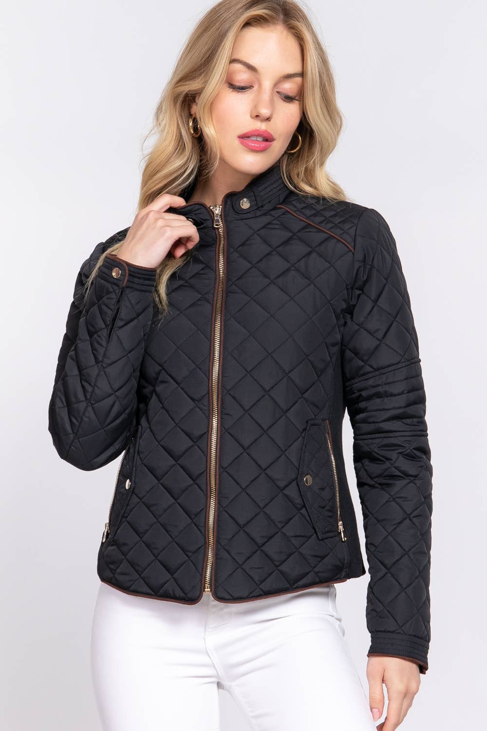 Suede Piping Detail Rib Quilted Jacket - black