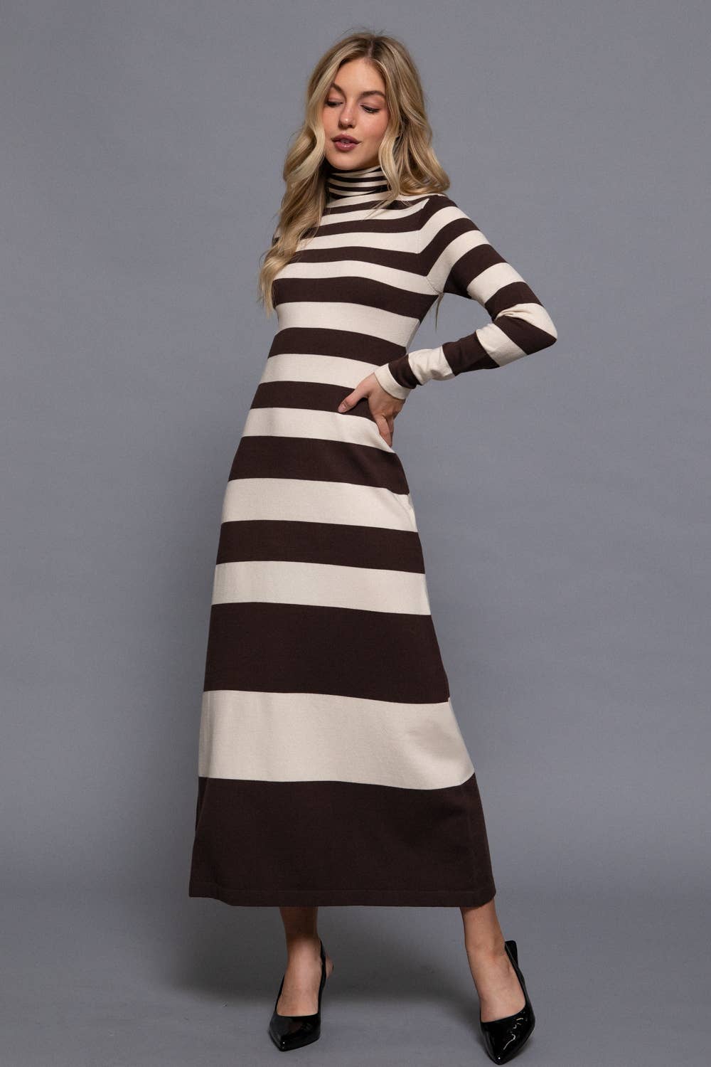Long Sleeve Turtle Neck Rugby Stripe Maxi Dress - brown/taupe