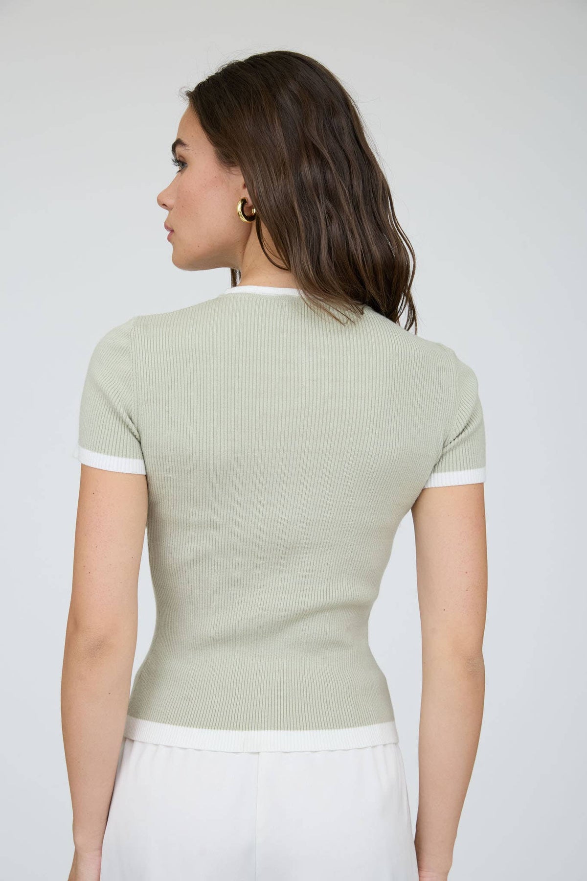Contrast Trim Short Sleeve Knit Cardigan: Light Olive
