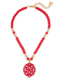 Damask Pendant Beaded Collar Necklace: Red