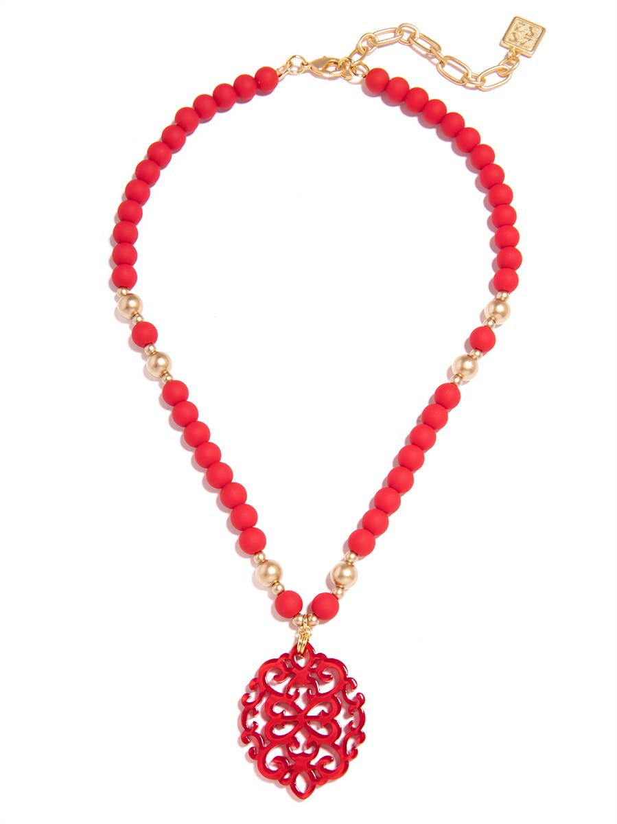 Damask Pendant Beaded Collar Necklace: Red