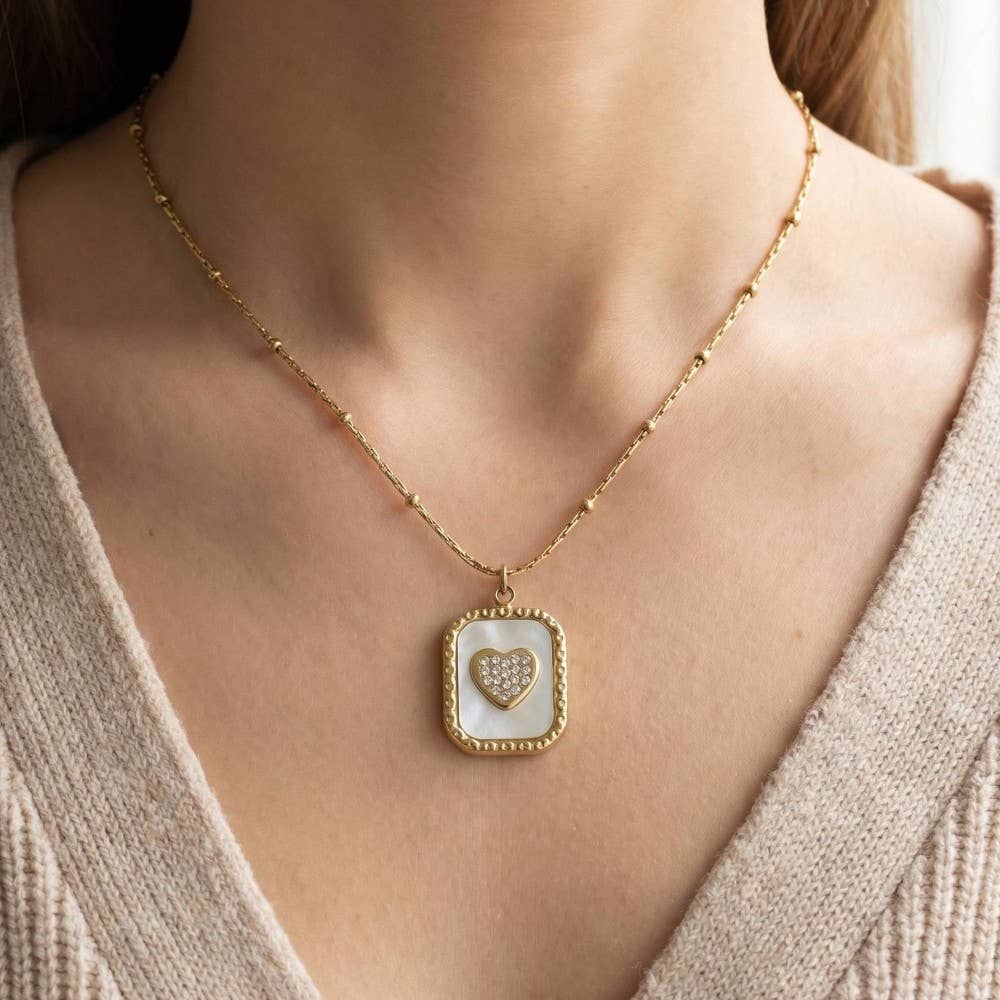 Mother Of Pearl Crystal Heart Pendant Necklace