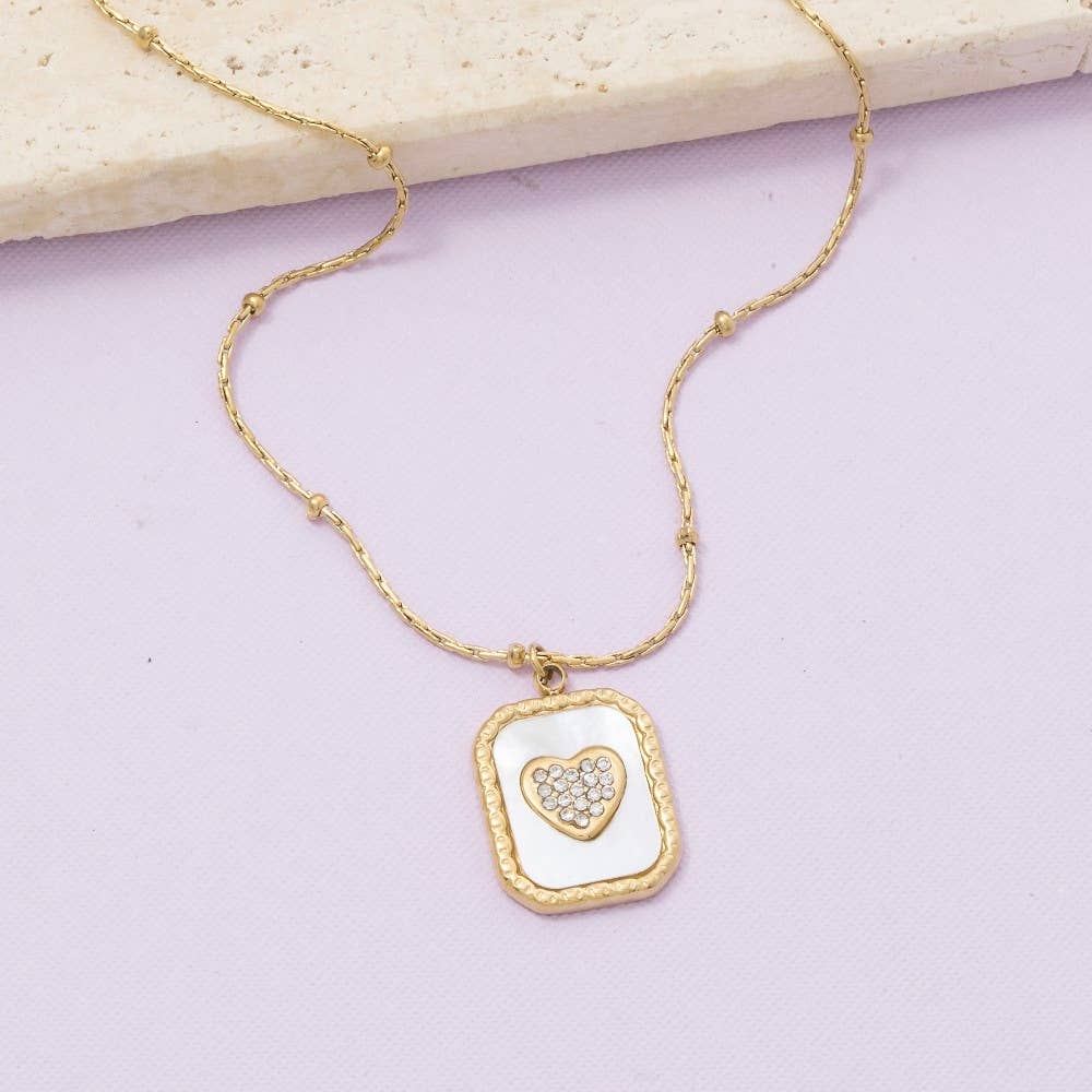 Mother Of Pearl Crystal Heart Pendant Necklace