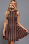 Sleeveless Boat Neck Swing Plaid Woven Mini Dress: mauve/black