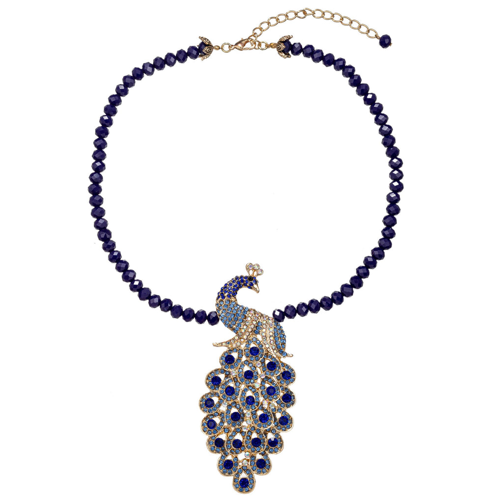Blue Peacock Brooch Statement Necklace