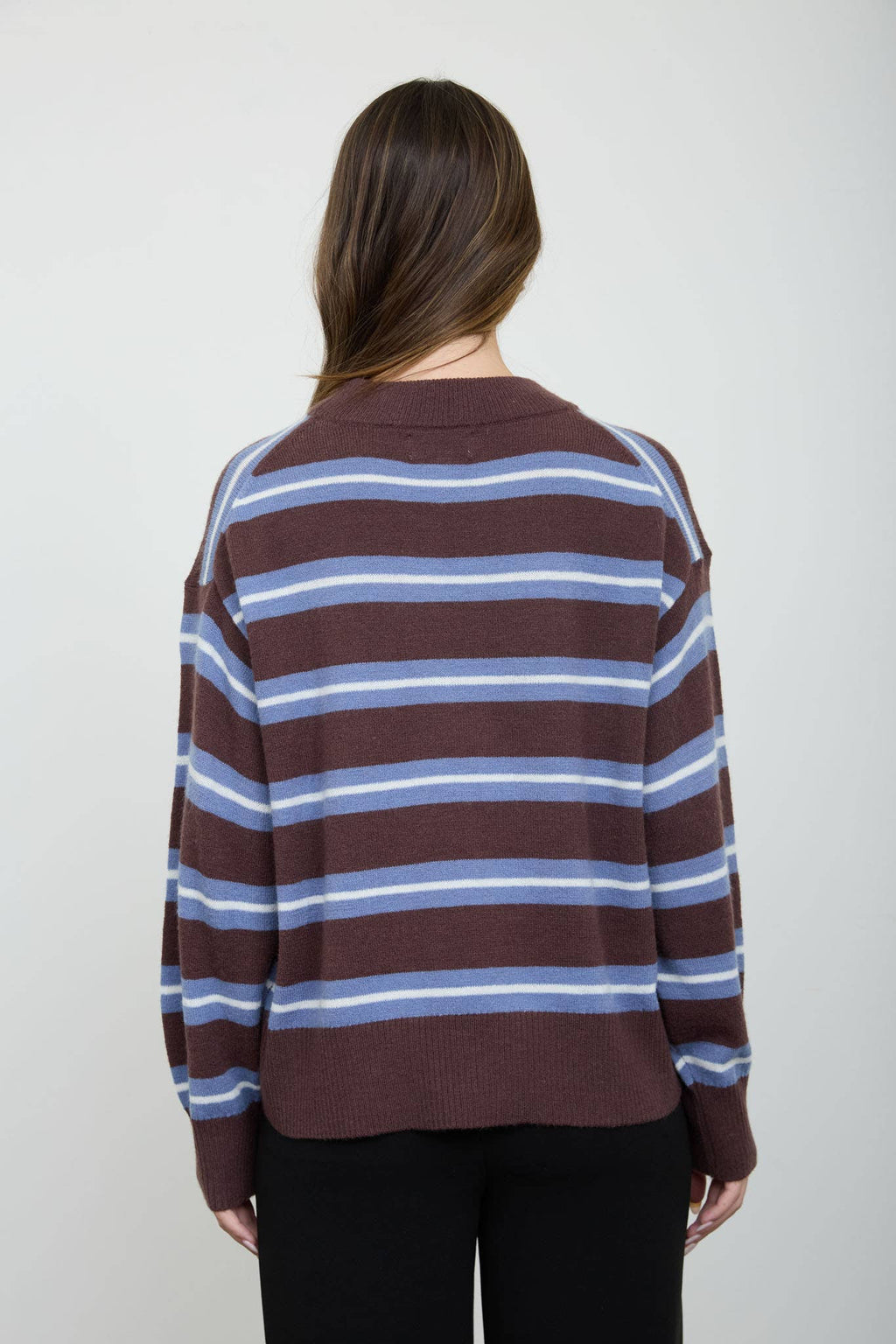 Stripe Crew Neck Relaxed Fit Sweater - Brown Multi
