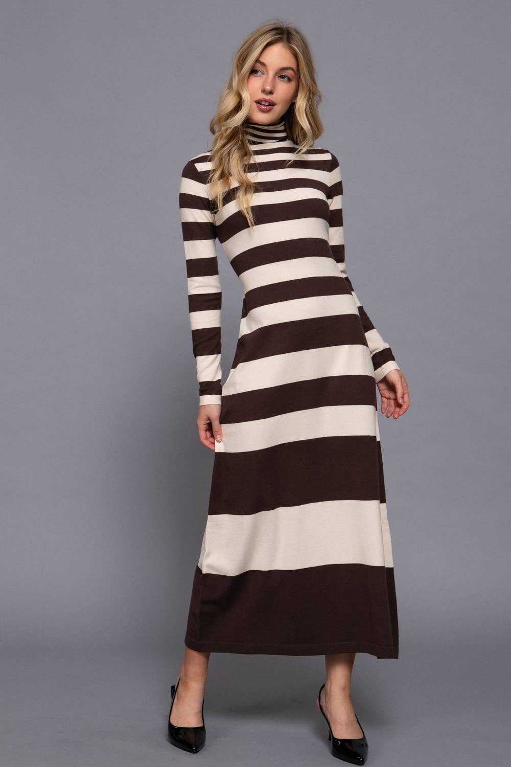 Long Sleeve Turtle Neck Rugby Stripe Maxi Dress - brown/taupe
