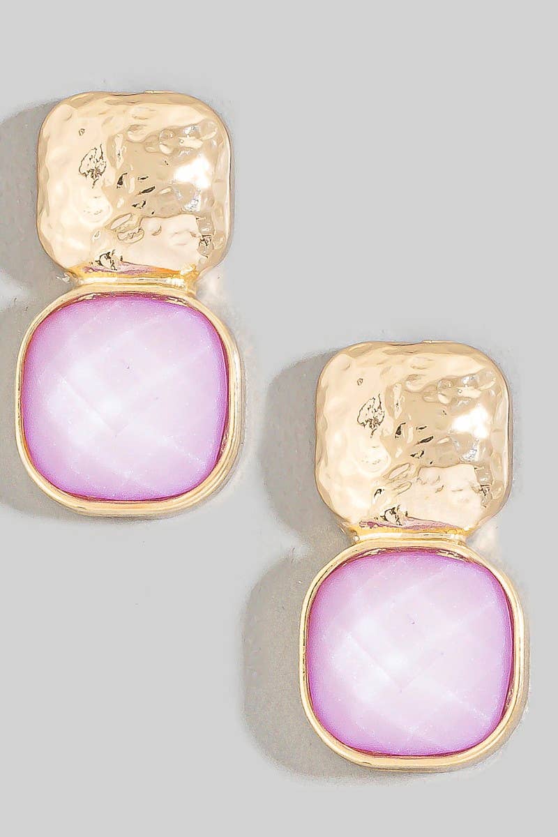 Lavender Hammered Metal Square Stone Earring