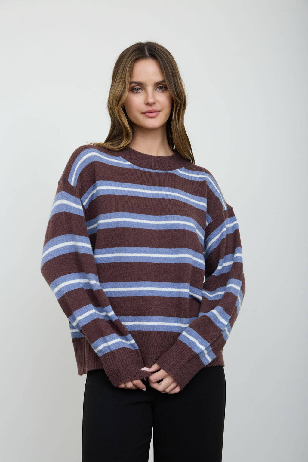 Stripe Crew Neck Relaxed Fit Sweater - Brown Multi