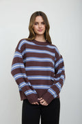 Stripe Crew Neck Relaxed Fit Sweater - Brown Multi