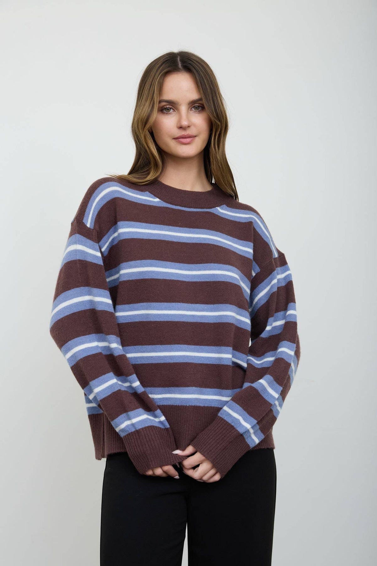 Stripe Crew Neck Relaxed Fit Sweater - Brown Multi