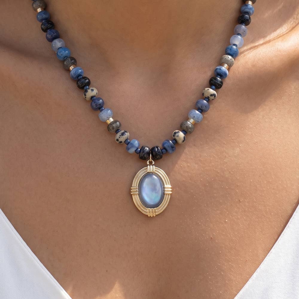 Beaded Necklace With Framed Oval Cabochon- Blue