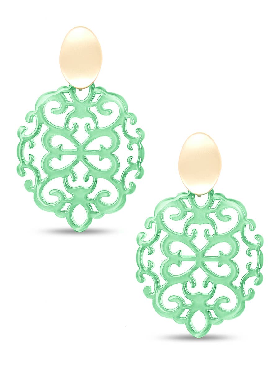 Damask Pattern Resin Drop Earring: Mint