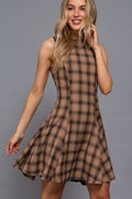 Sleeveless Boat Neck Swing Plaid Woven Mini Dress: khaki/black