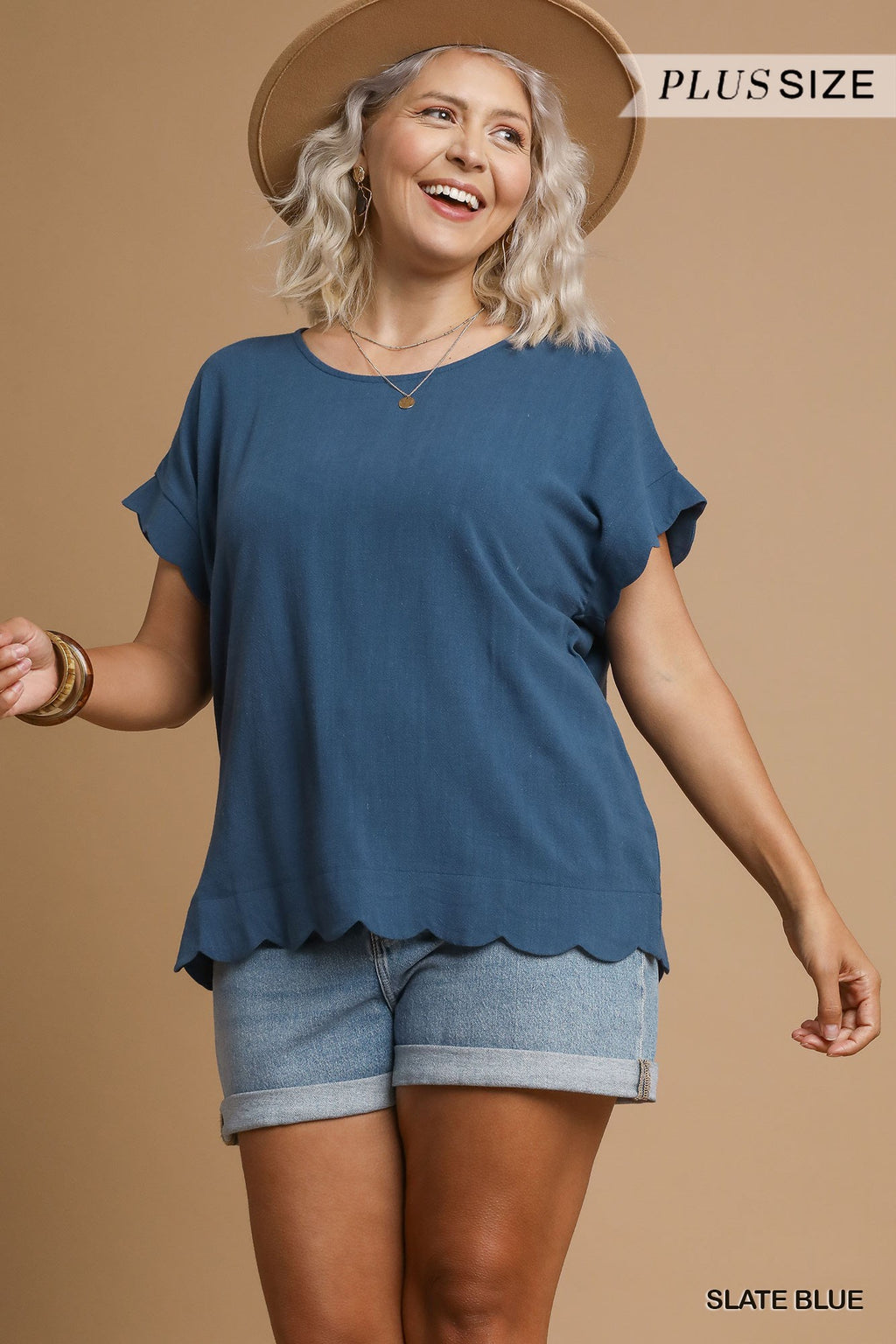 Scallop Hem Linen Blend Top - Slate Blue