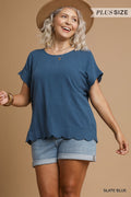 Scallop Hem Linen Blend Top - Slate Blue