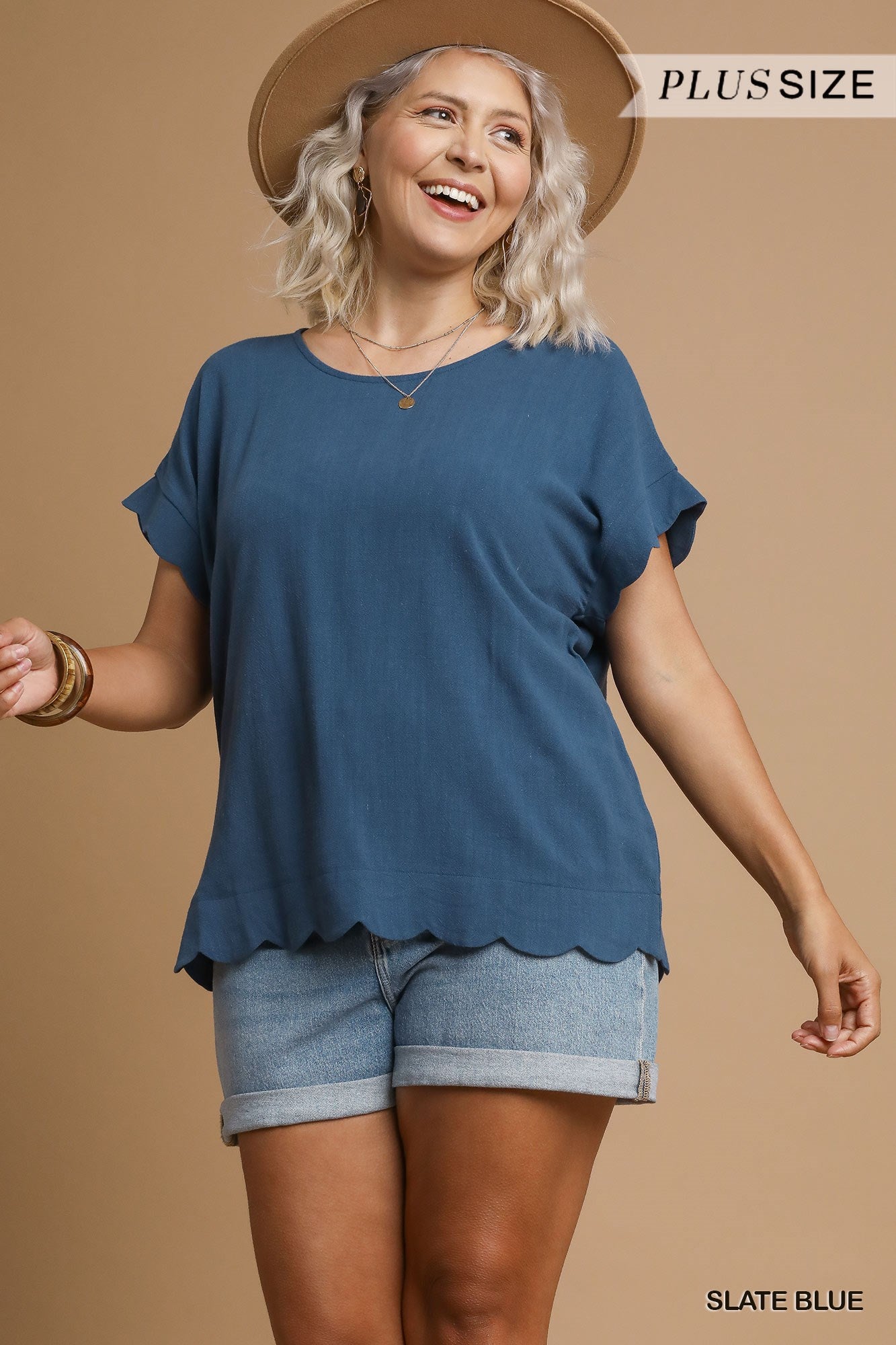Scallop Hem Linen Blend Top - Slate Blue