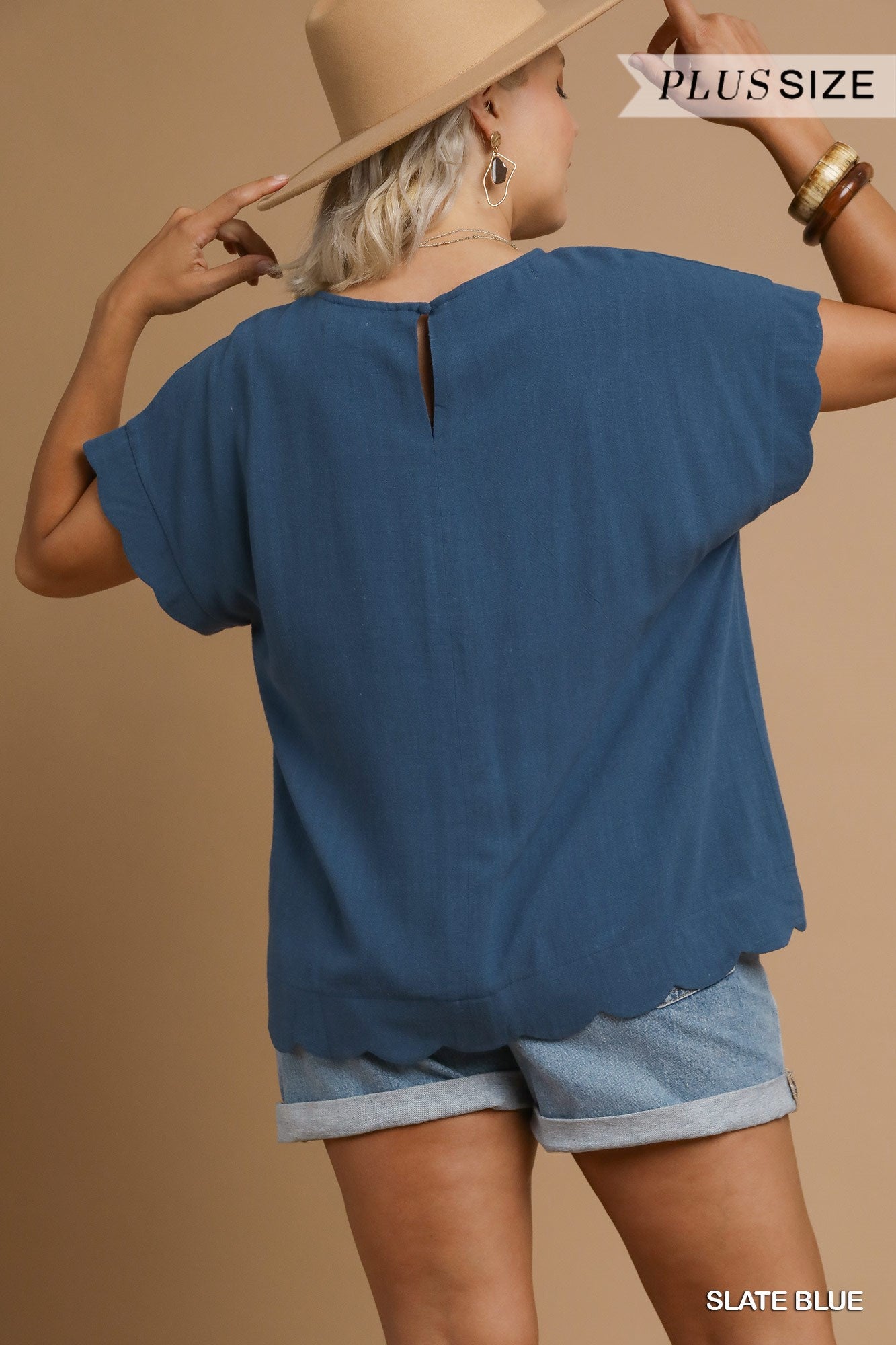 Scallop Hem Linen Blend Top - Slate Blue