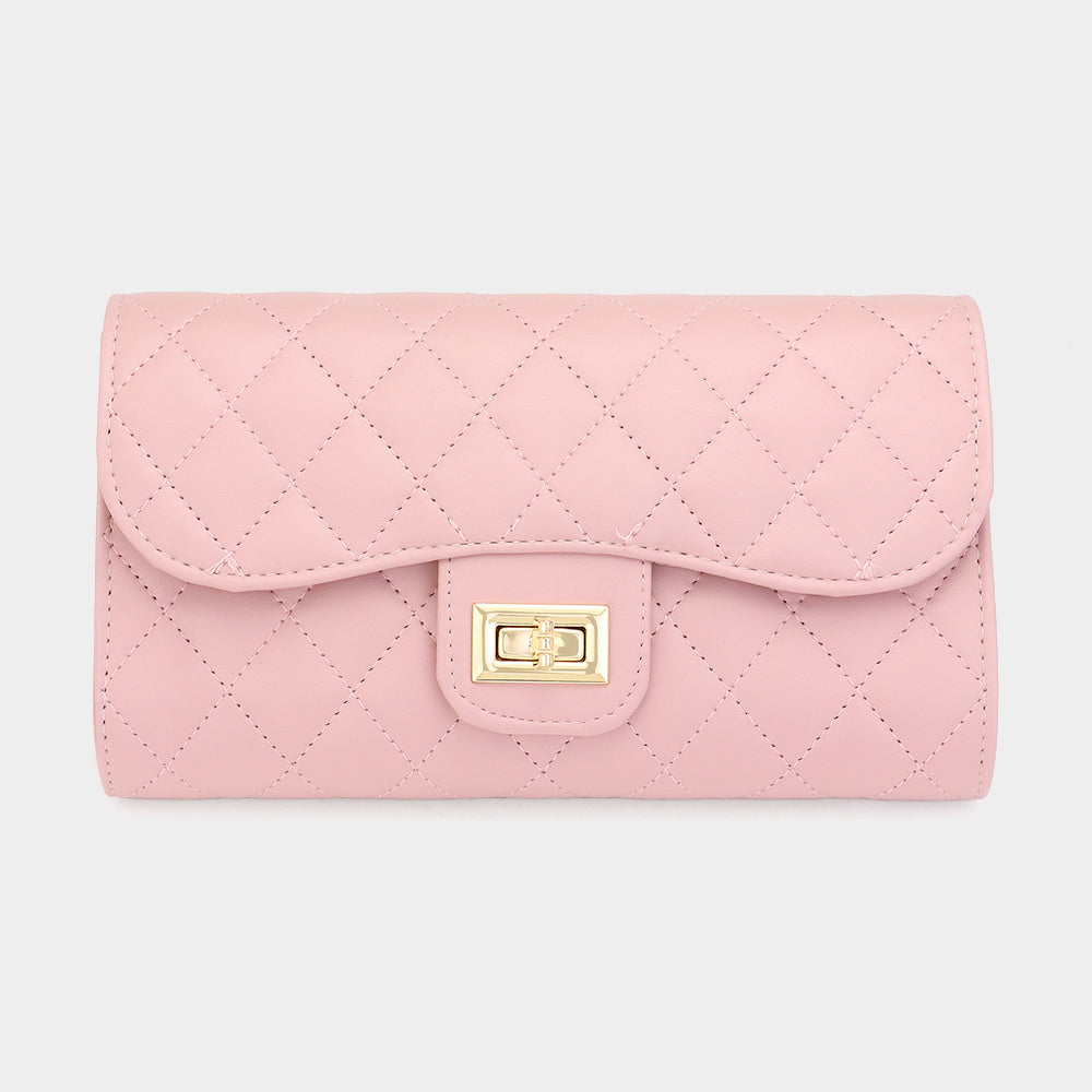 Quilted Flap Evening Clutch Bag / Crossbody Bag - Pink