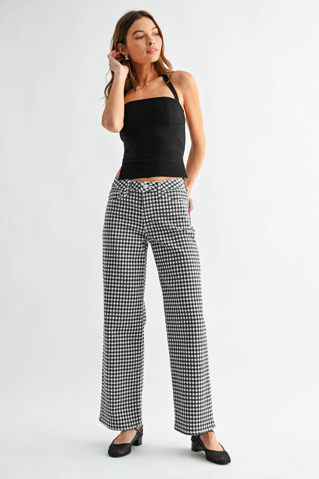 BP539J - BLK GINGHAM - Mid Rise Straight: 26