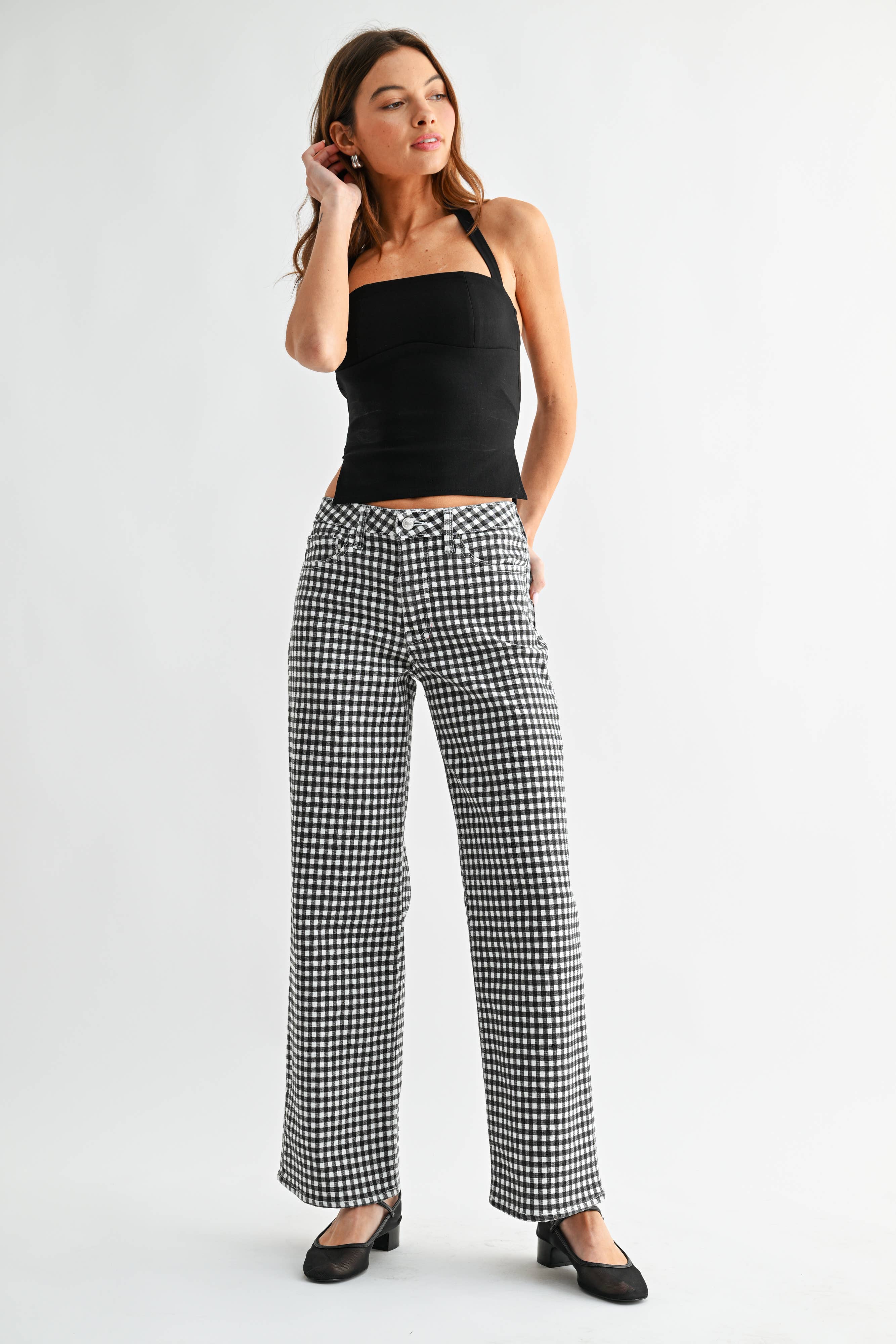BP539J - BLK GINGHAM - Mid Rise Straight: 26
