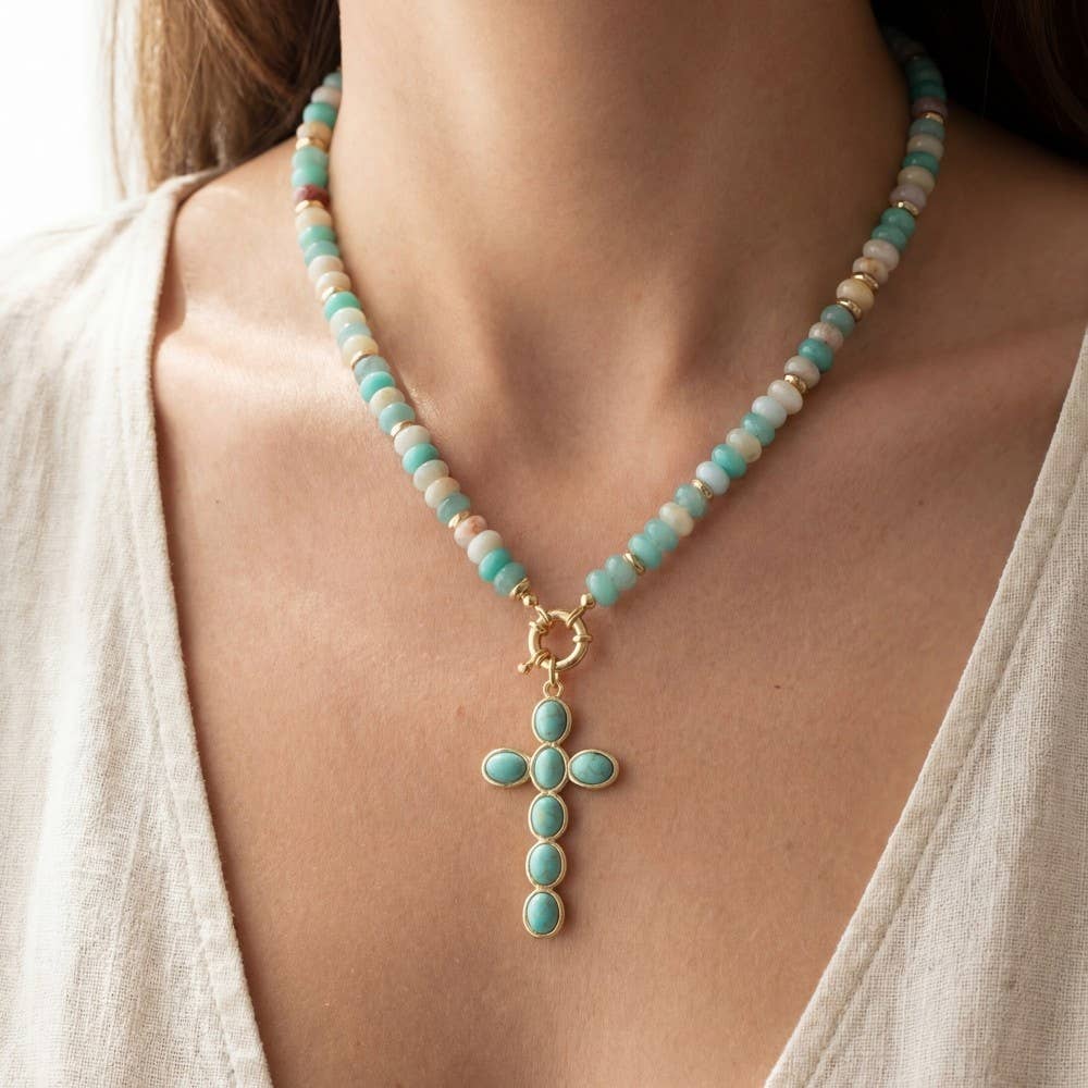 Semi Precious Stone Cross Pendant Necklace: TQ