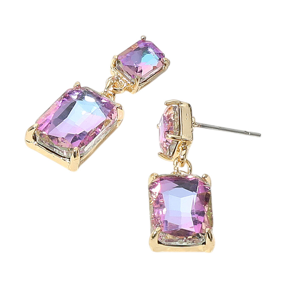 Rectangular Glass Stone Cluster Dangle Evening Earrings - Lavender