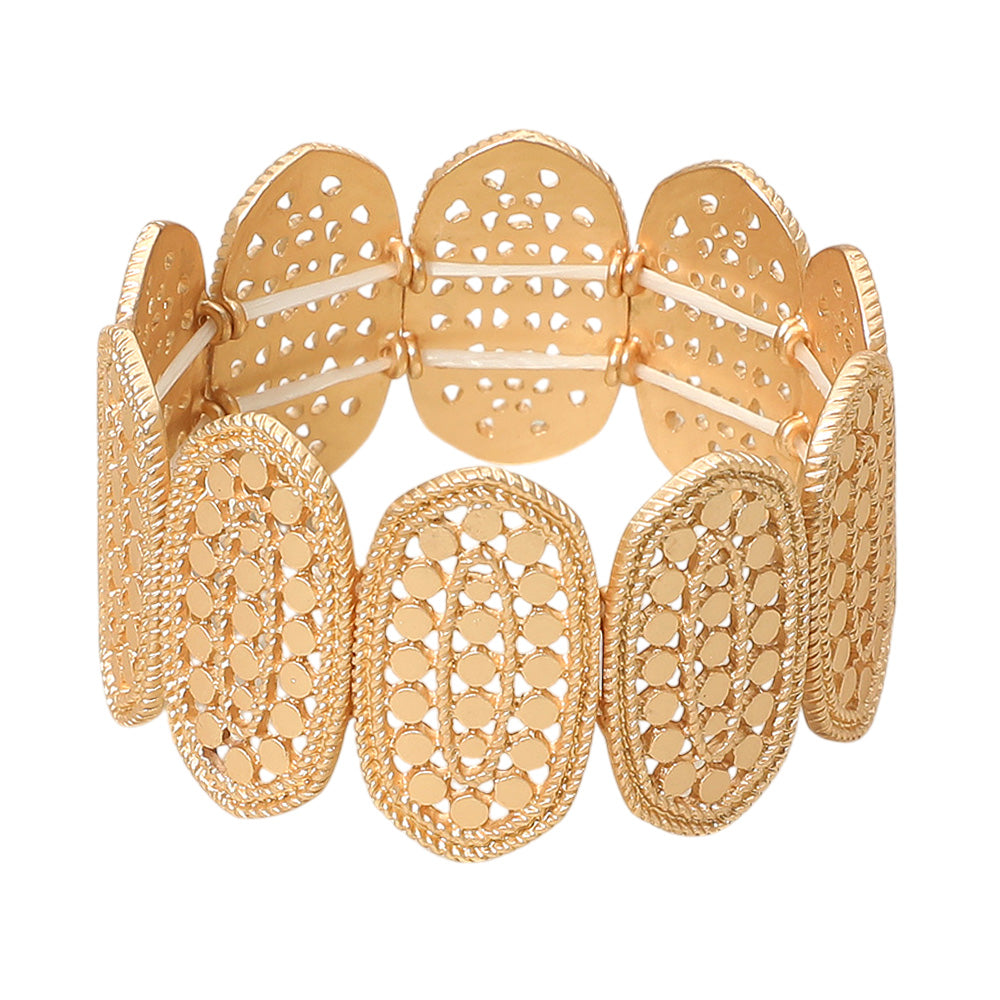 Textured Cutout Oval Panel Wide Stretch Bracelet - Gold