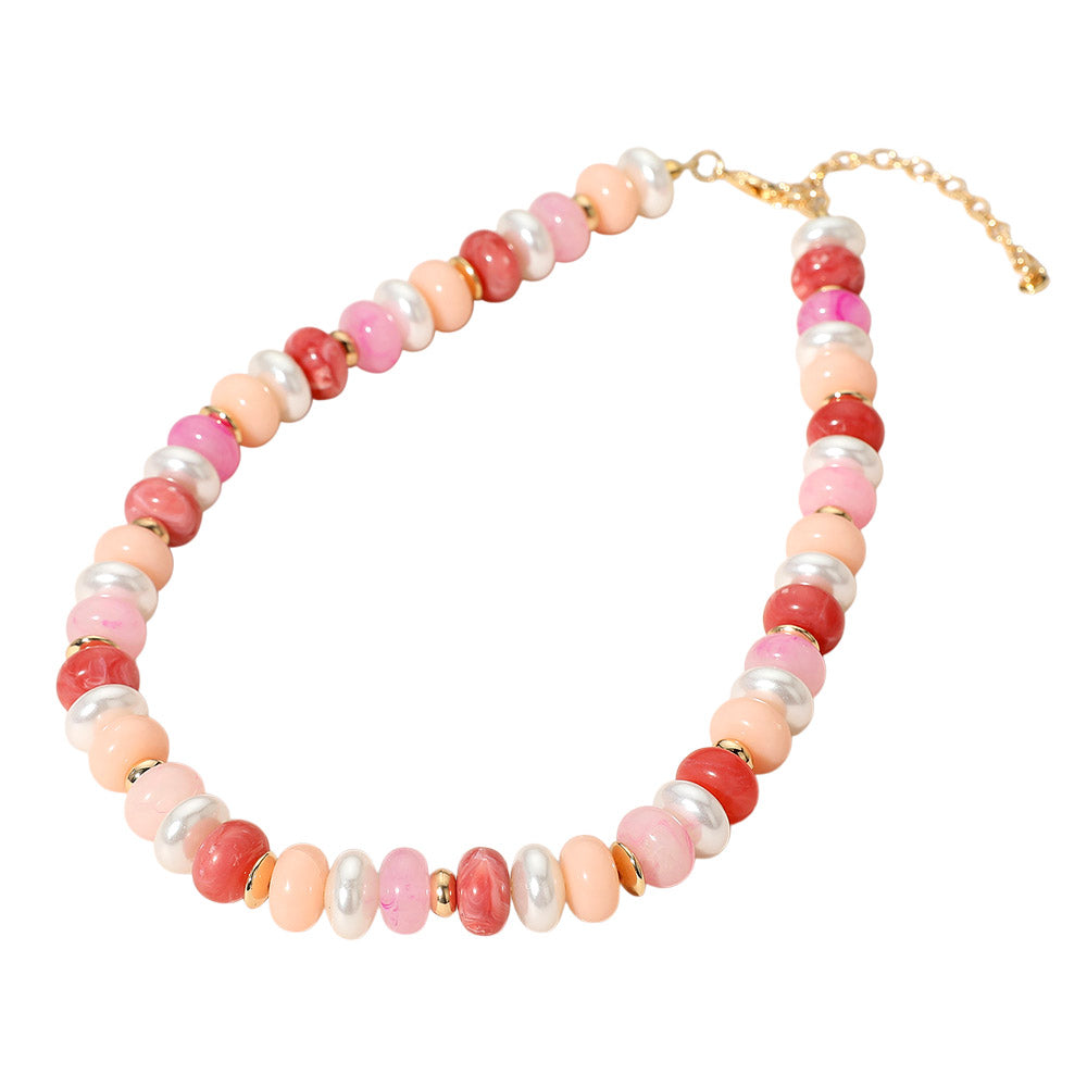 Marbled Beads Pearl Beaded Statement Necklace - Pink