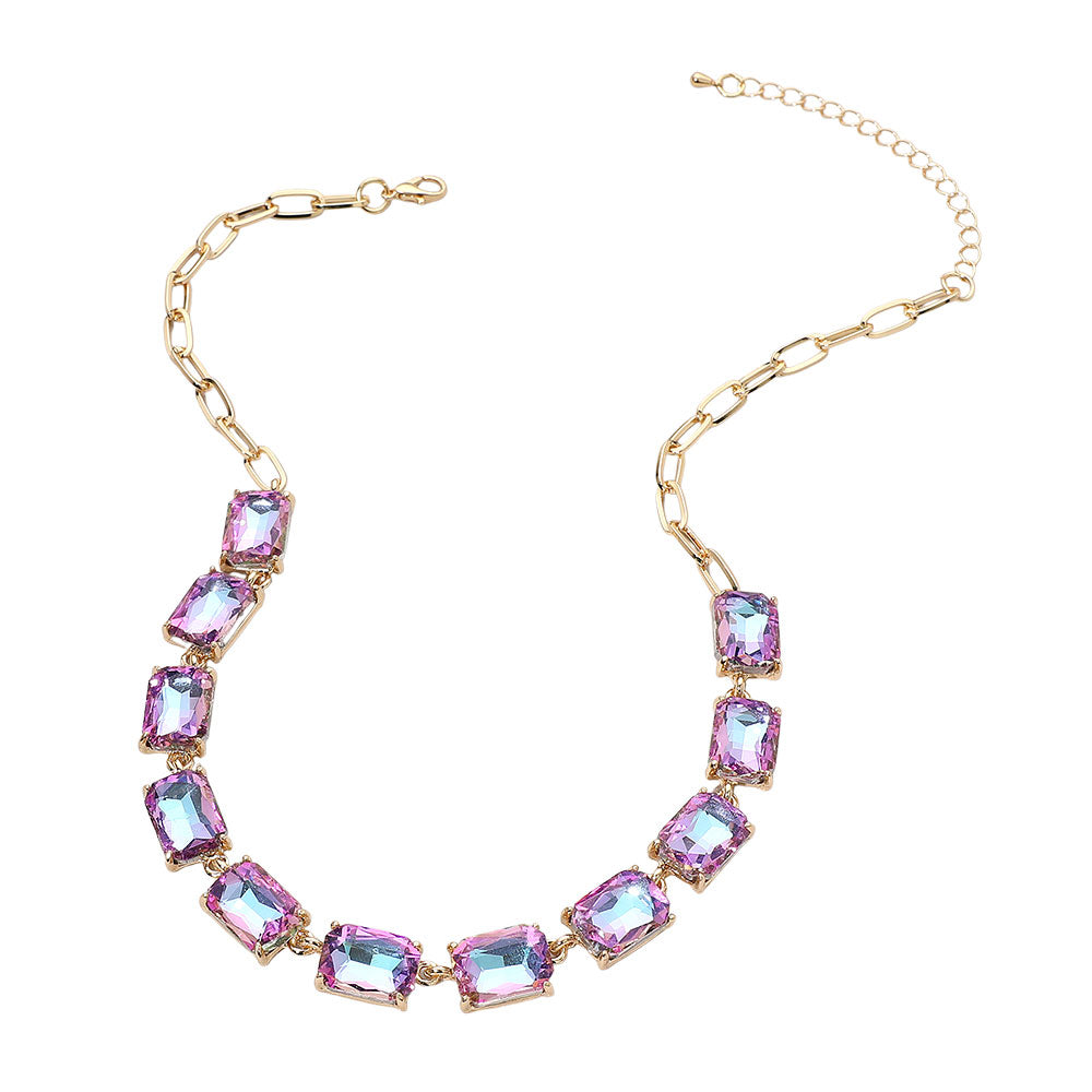 Cushion Rectangular Stone Cluster Link Evening Necklace - Lavender