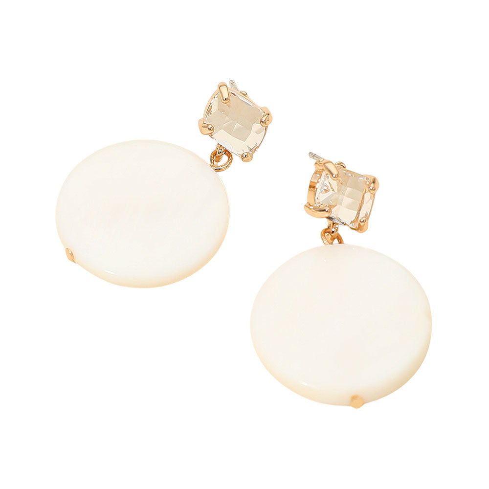 Round Mother of Pearl Disc Drop Dangle Earrings
