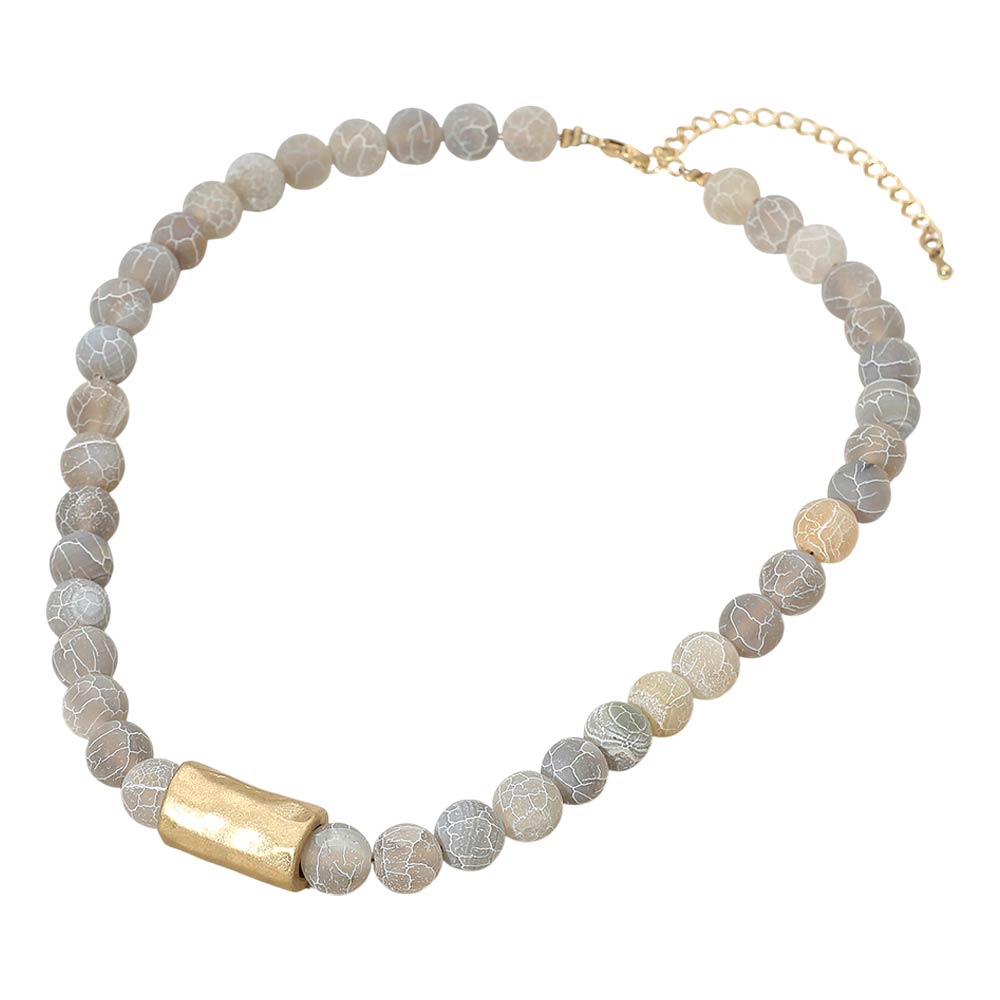 Hammered Metal Bar Accent Marbled Ball Beaded Necklace - Gray