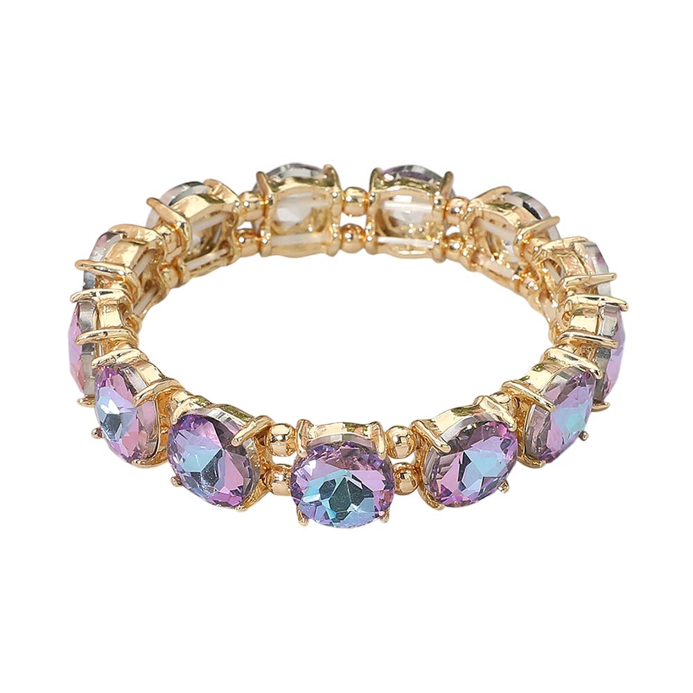 Round Stone Cluster Beaded Stretch Bracelet - Lavender