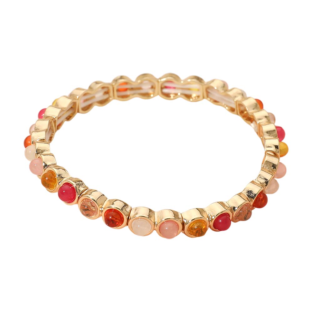 Stone Bezel Stretch Bracelet - Gold, Multi, Pink