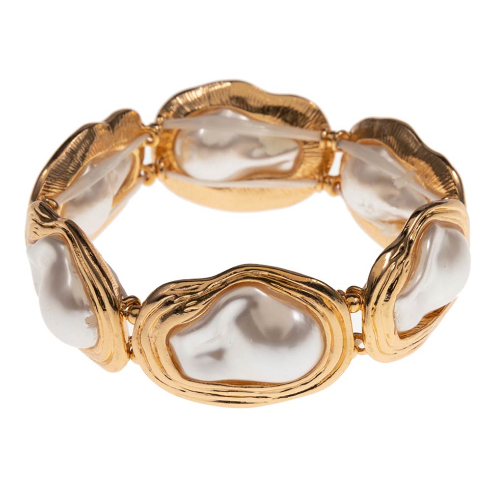 Pearl Plate Beaded Stretch Bracelet - Gold