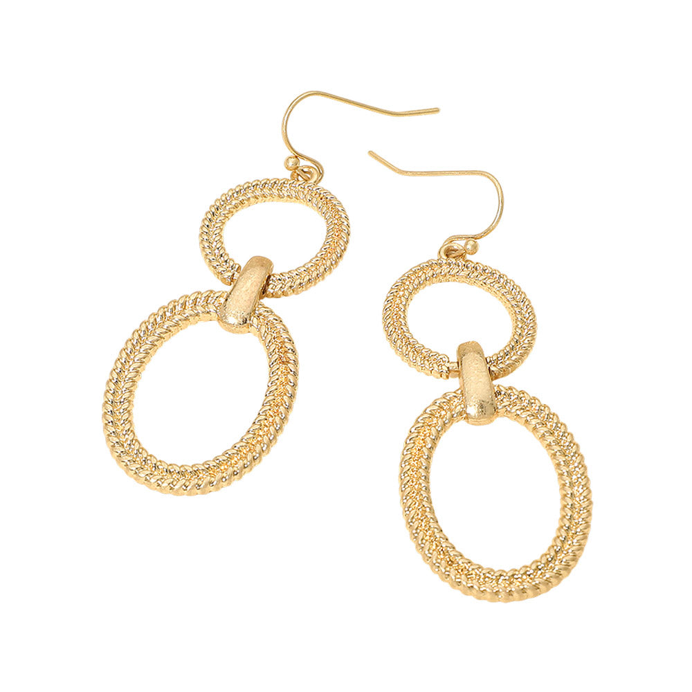 Textured Metal Circle Oval Ring Link Drop Earrings
