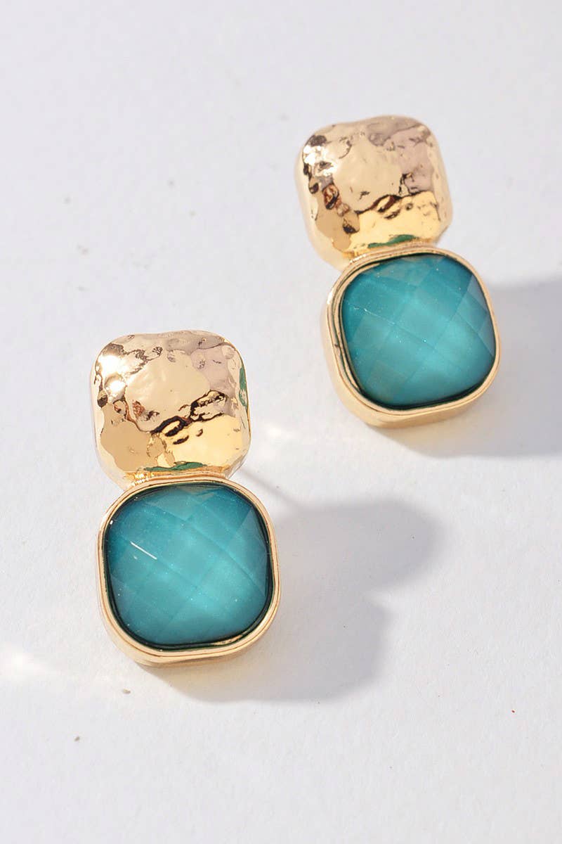 Turquoise Hammered Metal Square Stone Earring