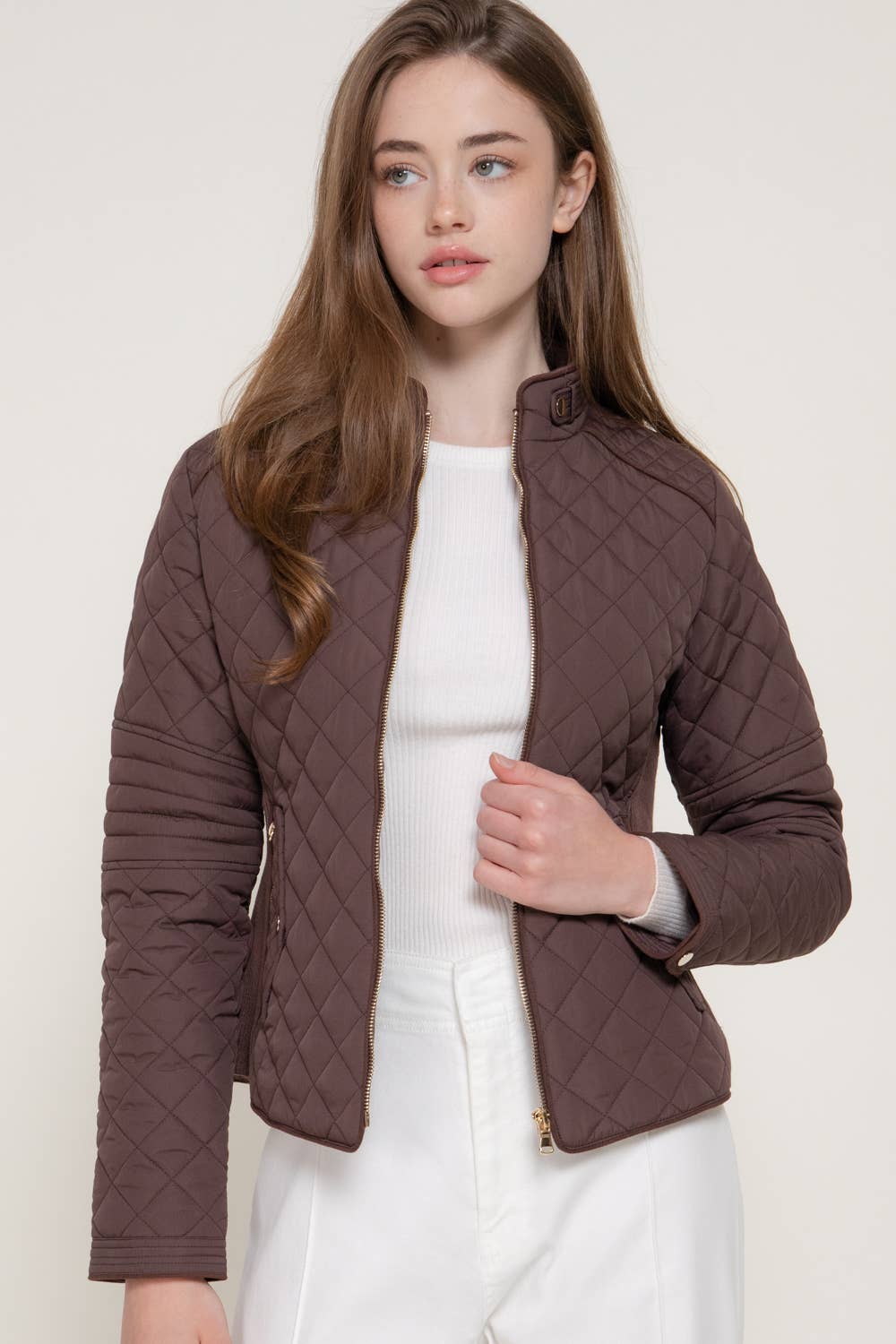 Suede Piping Detail Rib Quilted Jacket - Chocolate